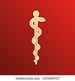 Symbol of the Medicine. Golden gradient Icon with contours on redish Background. Illustration.