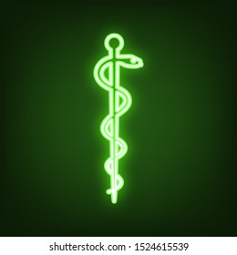 Symbol of the Medicine. Green neon icon in the dark. Blurred lightening. Illustration.
