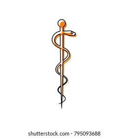 Symbol of the Medicine. Vector. Black line icon with shifted flat orange filled icon on white background. Isolated.
