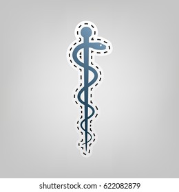 Symbol of the Medicine. Vector. Blue icon with outline for cutting out at gray background.