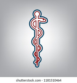 Symbol of the Medicine. Vector. Dark red, transparent and midnight green stroke of white icon at grayish background.