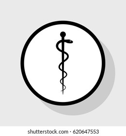 Symbol of the Medicine. Vector. Flat black icon in white circle with shadow at gray background.