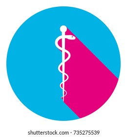 Symbol of the Medicine. Vector. Flat white icon with mexican pink shadow inside sky blue(S and G) circle at white background. Isolated. Trend colors in 2017.
