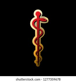 Symbol of the Medicine. Vector. Red icon with small black and limitless shadows at golden sticker on black background.