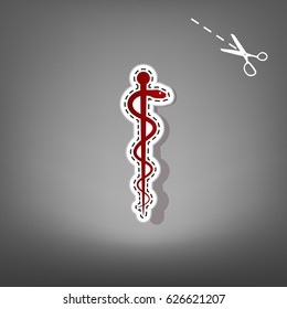 Symbol of the Medicine. Vector. Red icon with for applique from paper with shadow on gray background with scissors.