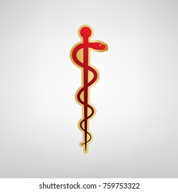 Symbol of the Medicine. Vector. Red icon on gold sticker at light gray background.