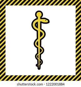 Symbol of the Medicine. Vector. Warm yellow icon with black contour in frame named as under construction at white background. Isolated.