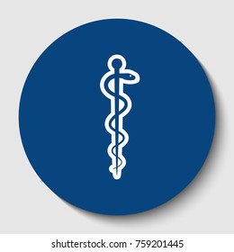 Symbol of the Medicine. Vector. White contour icon in dark cerulean circle at white background. Isolated.