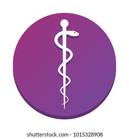 Symbol of the Medicine. Vector. White icon with flat shadow on purpureus circle at white background. Isolated.