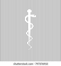 Symbol of the Medicine. Vector. White icon on grayish striped background. Optical illusion.