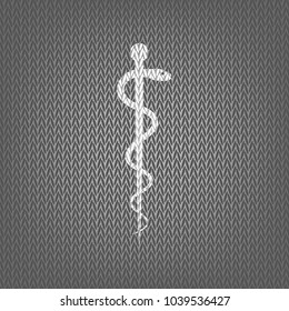 Symbol of the Medicine. Vector. White knitted icon on gray knitted background. Isolated.