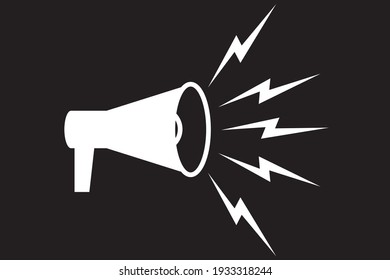 Symbol of megaphone. Black icon of loudspeaker. Concept of news, announce, propaganda, promotion, broadcast, media, message. Vector illustration isolated on black background.