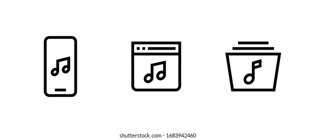 Symbol Melodie, Notizen in Smartphone, Computer-Bildschirm, Datei-Speicher-Ordner. Set von Musik-Player-Symbolen. Bearbeitbare Vektorillustration. Piktogramm für Gruppen.