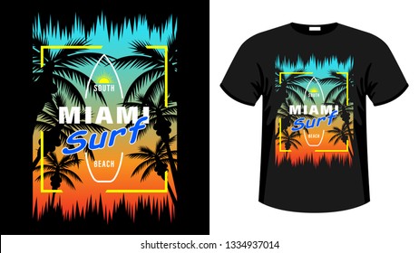 Symbol Miami surf print t-shirt. The slogan on the backdrop of palm trees and sunset. Beautiful vector illustration