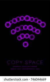 Symbol Microscope Disease cells close up set, Wifi sign purple color malware or virus computer concept idea illustration isolated glow on dark background