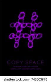 Symbol Microscope Disease cells close up set, Hashtag sign purple color malware or virus computer concept idea illustration isolated glow on dark background