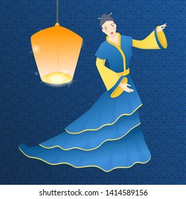 Symbol of mid autumn, chinese girl in traditional dress, lanterns. Chinese Happy Mid-Autumn Festival. Vector illustration