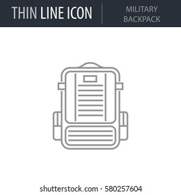 Symbol of Military Backpack. Thin line Icon of Bags. Stroke Pictogram Graphic for Web Design. Quality Outline Vector Symbol Concept. Premium Mono Linear Beautiful Plain Laconic Logo