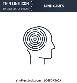 Símbolo de juegos de mente Icono de línea delgada de proceso cerebral. Gráfica de Pictograma de trazo adecuado para infografías. Estroque de vectores editable. Logotipo Laconic Premium Mono Linear Plain