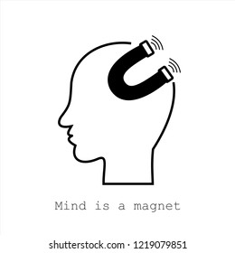 Symbol for mind is a magnet.  Concept for Web, Mobile or Apps. Profile of the head with gears and horseshoe.