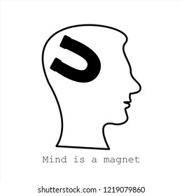 Symbol for mind is a magnet.  Concept for Web, Mobile or Apps. Profile of the head with gears and horseshoe.