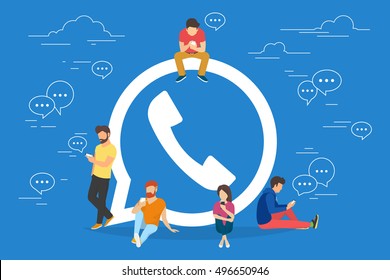 Symbol of mobile messenger concept illustration of young people using mobile gadgets such as tablet pc and smartphone for texting and calling via internet. Flat design of guys and women near symbol