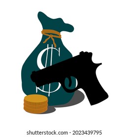 A symbol with a money bag and a weapon. Vector illustration of a robbery.