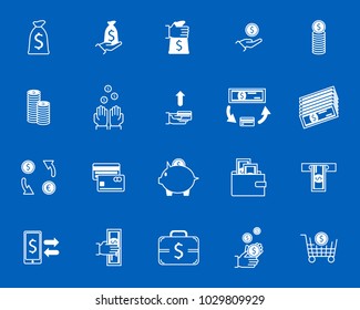 Symbol of Money Finance Currency White Icons Set Cash Banknote and Coins Economy Business Concept. Vector illustration of Moneys