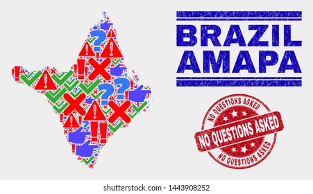 Symbol Mosaic Amapa state map and seals. Red rounded No Questions Asked scratched seal stamp. Colored Amapa state map mosaic of different randomized items. Vector abstract composition.