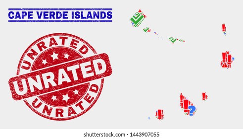 Symbol Mosaic Cape Verde Islands map and seal stamps. Red round Unrated distress seal stamp. Bright Cape Verde Islands map mosaic of different random items. Vector abstract combination.