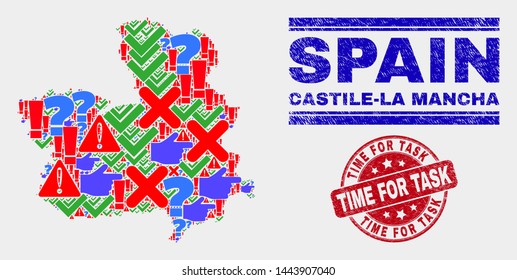 Symbol Mosaic Castile-La Mancha Province map and seal stamps. Red round Time for Task distress seal. Colored Castile-La Mancha Province map mosaic of different scattered items.