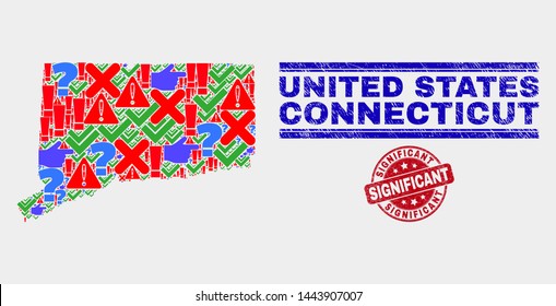 Symbol Mosaic Connecticut State map and seal stamps. Red rounded Significant textured seal. Colorful Connecticut State map mosaic of different scattered items. Vector abstract combination.