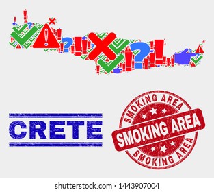 Symbol Mosaic Crete map and seal stamps. Red round Smoking Area distress seal stamp. Colored Crete map mosaic of different random icons. Vector abstract composition.