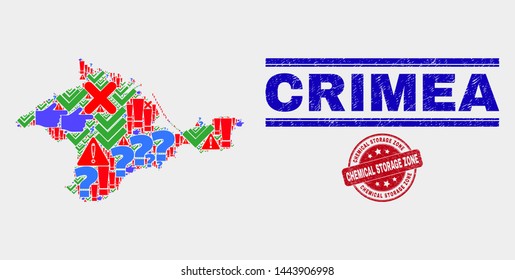 Symbol Mosaic Crimea map and seal stamps. Red round Chemical Storage Zone distress seal stamp. Colored Crimea map mosaic of different scattered elements. Vector abstract combination.