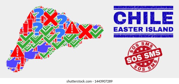 Symbol Mosaic Easter Island map and seal stamps. Red rounded Sos SMS distress seal stamp. Colored Easter Island map mosaic of different randomized items. Vector abstract composition.