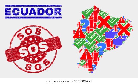 Symbol Mosaic Ecuador map and seals. Red rounded Sos distress watermark. Bright Ecuador map mosaic of different scattered icons. Vector abstract composition.