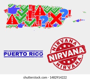 Symbol Mosaic Puerto Rico map and seal stamps. Red round Nirvana distress seal stamp. Bright Puerto Rico map mosaic of different randomized icons. Vector abstract collage.