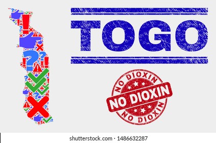 Symbol Mosaic Togo map and seal stamps. Red rounded No Dioxin scratched seal stamp. Colored Togo map mosaic of different random elements. Vector abstract collage.