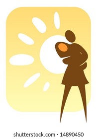 Symbol of motherhood. Stylized woman with baby on a background with sun.