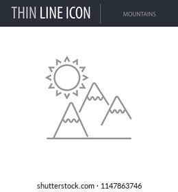 Symbol of Mountains. Thin line Icon of of Tourism And Travel. Stroke Pictogram Graphic for Web Design. Quality Outline Vector Symbol Concept. Premium Mono Linear Beautiful Plain Laconic Logo