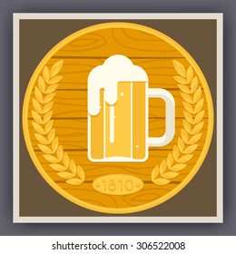 Symbol Mug of Beer with Foam Icon on Stylish Gold Wood Background Poster Flat Design Vector Illustration