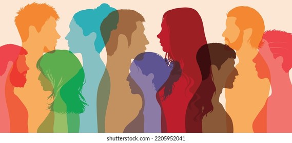 Símbolo de multiculturalismo, comunidad y trabajo en equipo. Perfil abstracto de caricatura de una familia multicultural. Amistad entre familias multiétnicas y multiculturales.