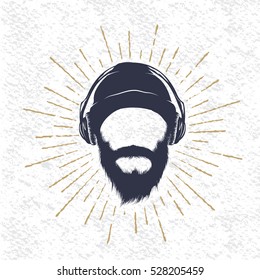 symbol of music fun.Man listening a music.Retro style.Vector illustration