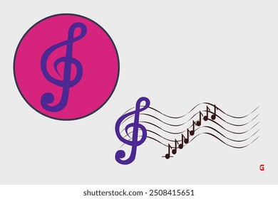 Symbol-Musiktaste Sol (G,Treble Clef) auf rotem Kreishintergrund, und die Tonnoten in dieser Taste
