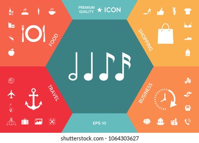Symbol of Music, notes. Sixteenth note, Eighth note, quarter note and half note 