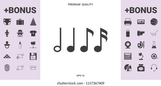 Symbol of Music, notes. Sixteenth note, Eighth note, quarter note and half note 