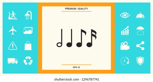 Symbol of Music, notes. Sixteenth note, Eighth note, quarter note and half note 