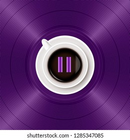 Symbol of musical pause and cup of coffee on bright purple vinyl record background. The concept of music and coffee