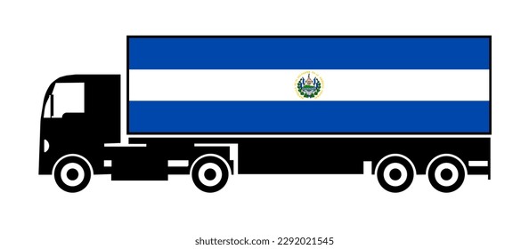 Symbol of National Delivery Truck with Flag of El Salvador, National Trucking Icon and El Salvador flag, international humanitarian aid, isolated on white background, side view