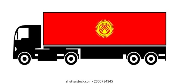 Symbol of National Delivery Truck with Flag of Kyrgyzstan, National Trucking Icon and Kyrgyzstan flag, international humanitarian aid, isolated on white background, side view